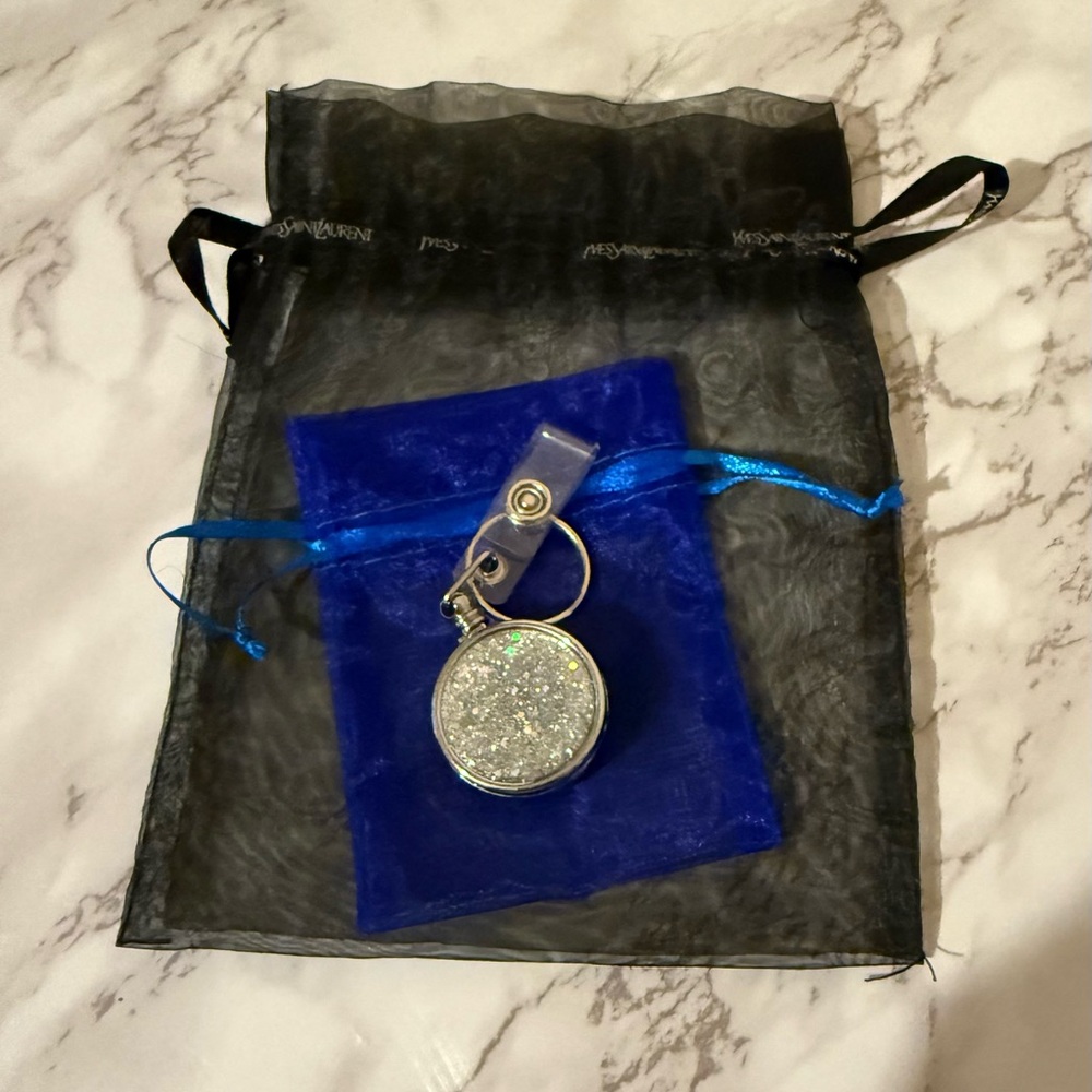 Glittery Silver Badge Holder with Blue and Black Pouch